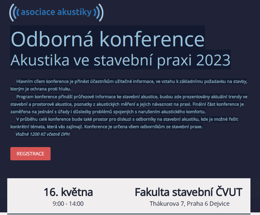 Konference Akustika ve stavební praxi 2023 - 16.5. na Stavební fakultě ČVUT